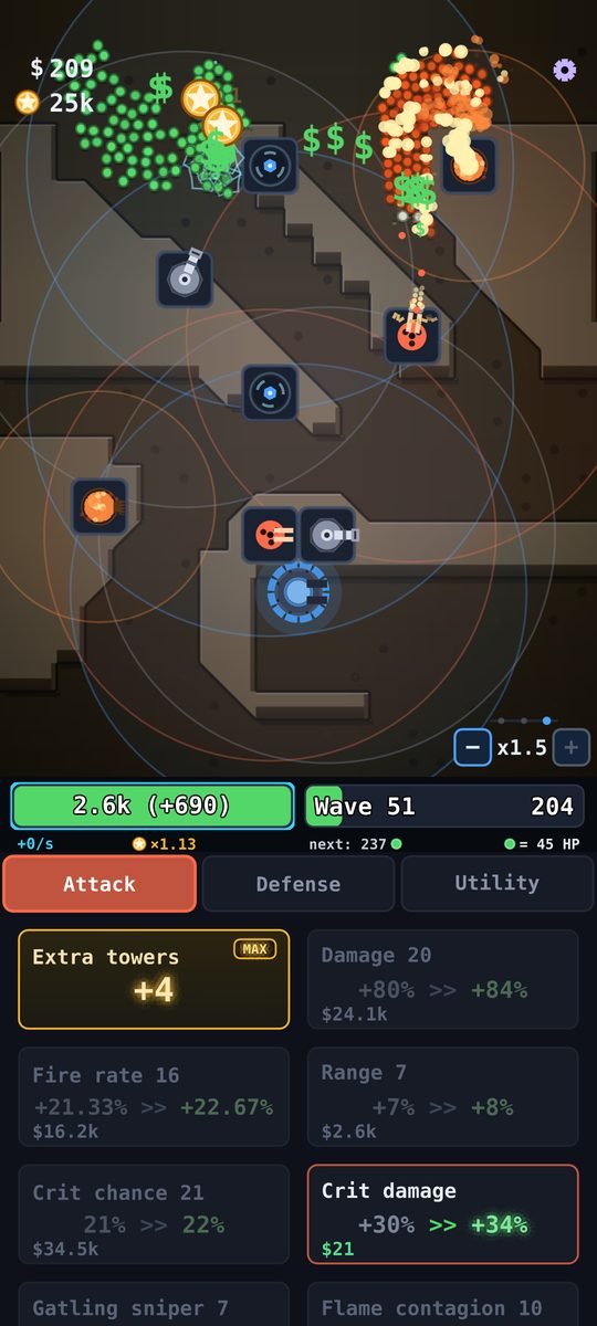 A wave crossing the map while the upgrade panel is open